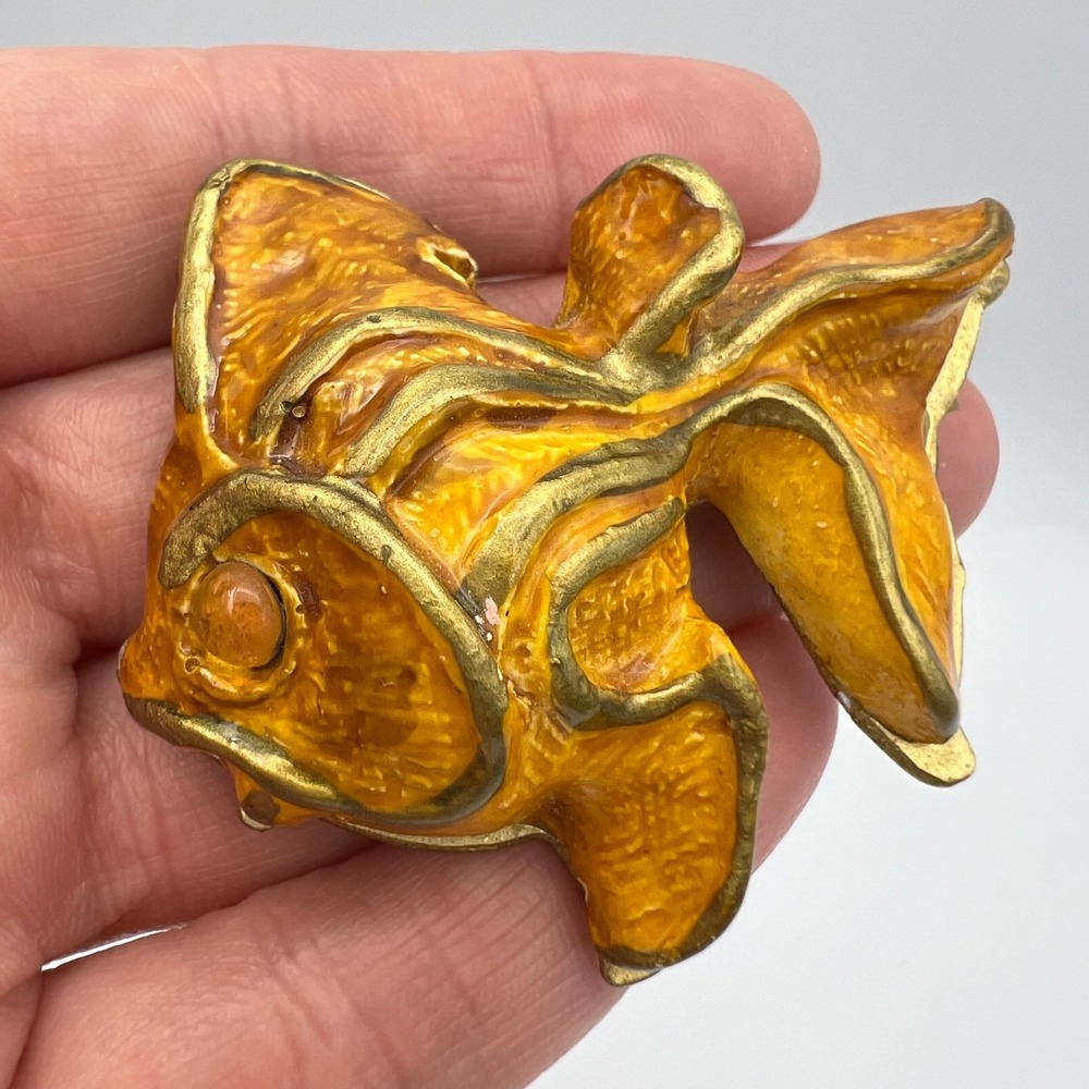 Vintage W Germany Goldfish Brooch Hand Painted Gold Tone Funky Chunky Retro